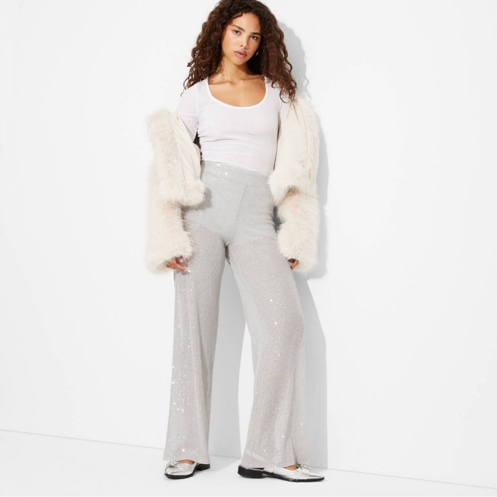 Women's Mid-Rise Wide Leg Holiday Sequin Pants - Wild Fable Gray/Silver M